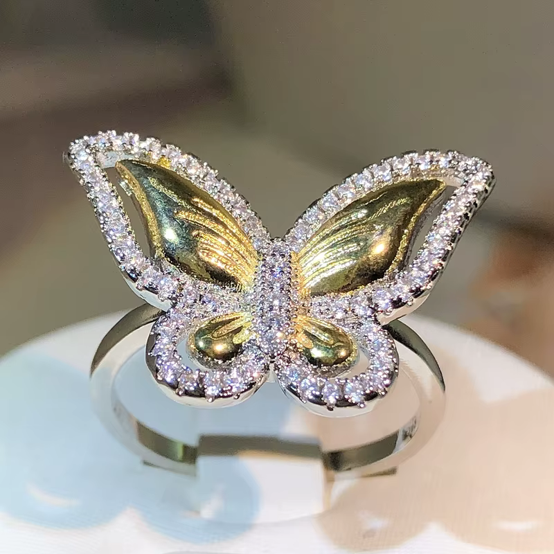 Bague papillon en argent regardé 925 avec nœud doré pour femme, papillon atmosphérique à deux docume