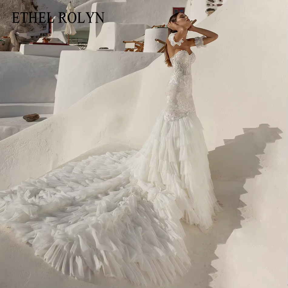 ETHEL ROLYN robe De mariée sirène chic chérie dentelle Appliques dos nu mariée volants cathédrale Tr