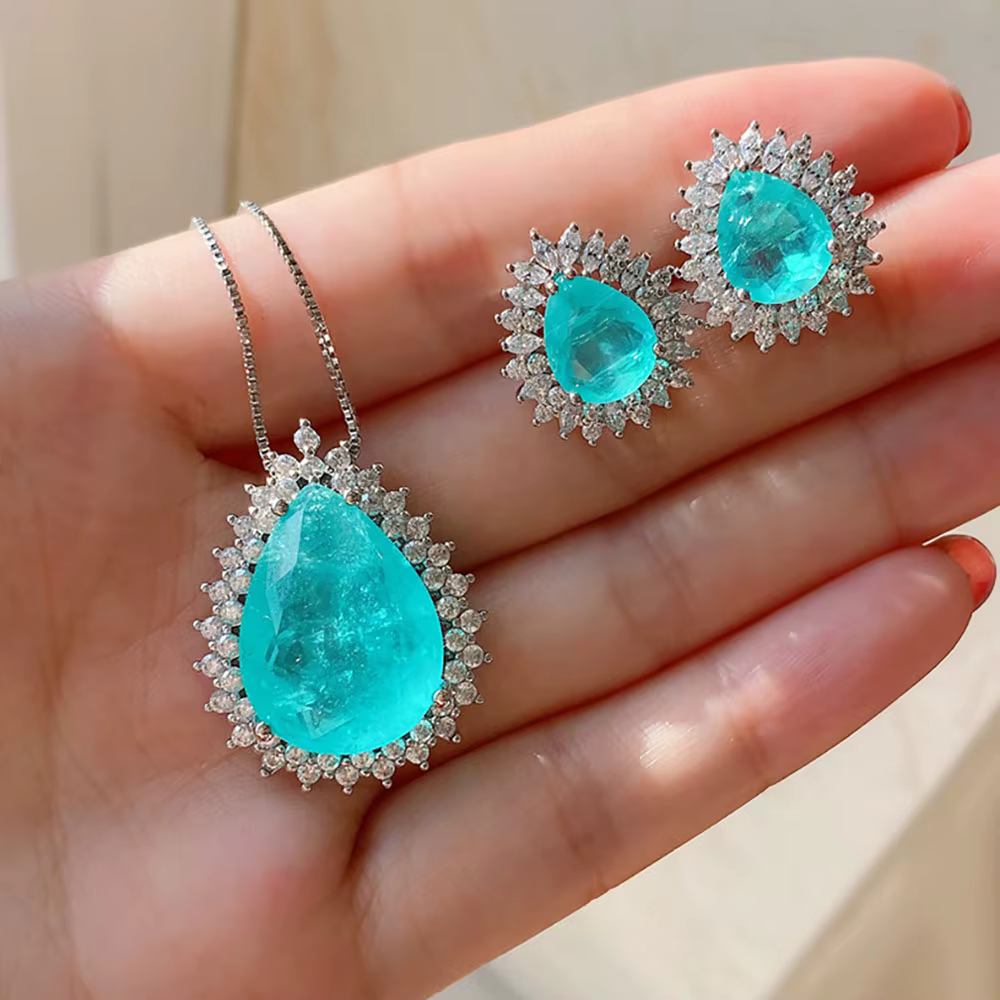 Paraiba Tourmaline levez ald Stone Pendant Necklace, Stud Earrings, Lab Diamond EquiJewelry Set, Bea