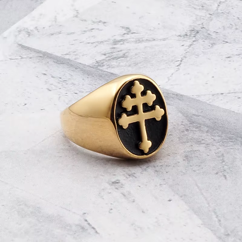 Bague Gothique SION L en Acier Inoxydable Plaqué Or, oral alière Croix de Lorraine Classique, Bijoux