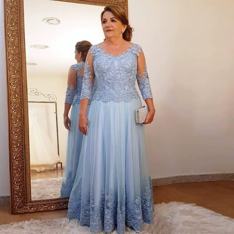 Robe mère de la mariée grande taille, pour fête de mariage, dentelle bleu clair, Tulle, manches long