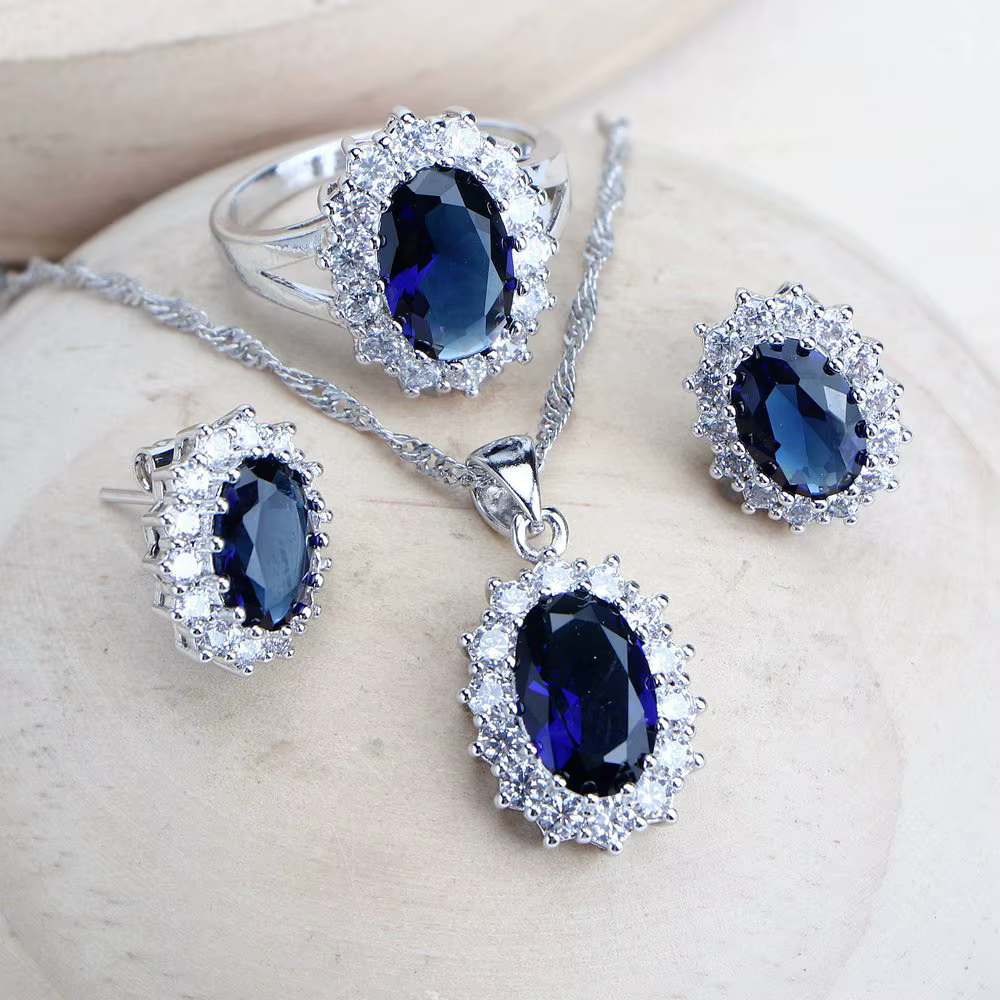 Ensemble de bijoux de mariée en argent 925 pour femmes, Costume en zircone bleue, bijoux fins, colli