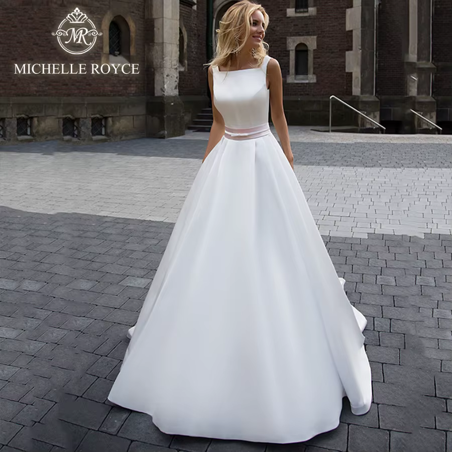 Michelle Royce robe De mariée trapèze pour mariée col carré dos nu bretelles Spaghetti Court Train r