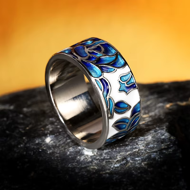 Bague en argent 925 pour femmes, émail époxy classique, fleur bleue, bijoux de mariage, bague de mar