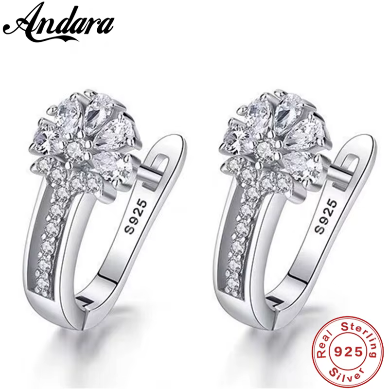 Bijoux fins 925 boucles d'oreilles en argent Sterling incrustées de Zircon cristal fleur boucles d'o