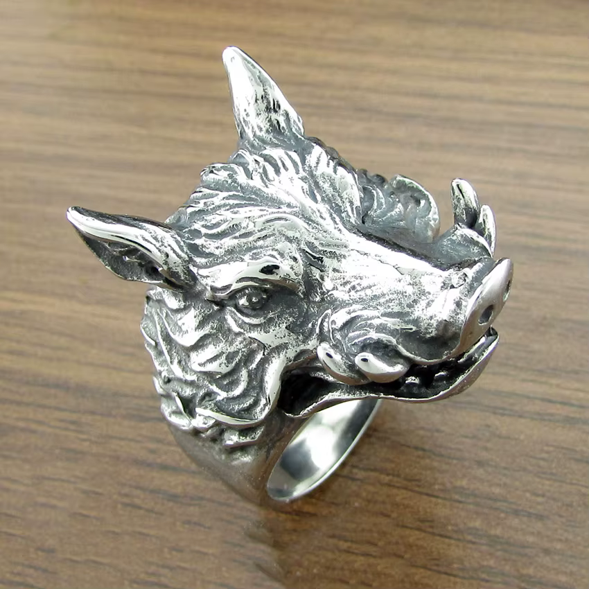 Bague tête de sanglier en acier inoxydable pour homme, bijoux animaux, argent punk, document SION L,