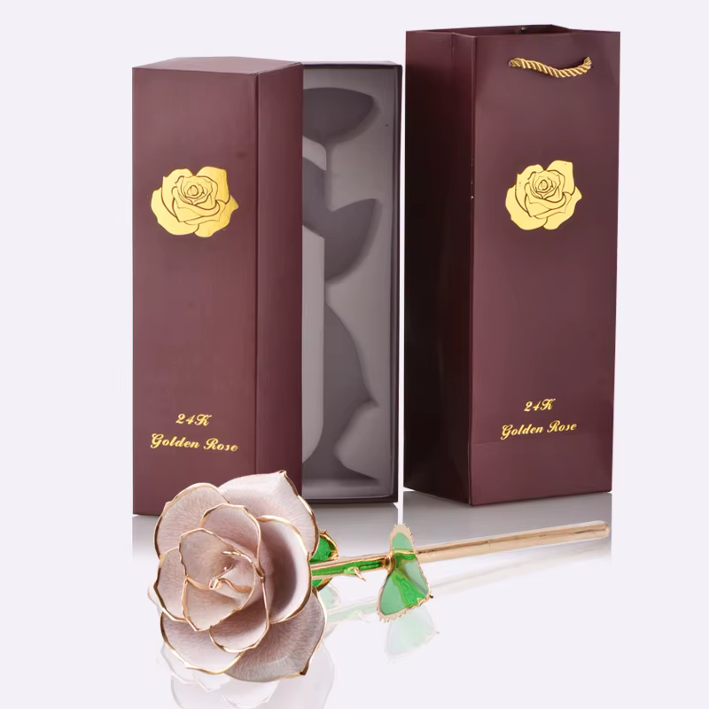 Rose trempée en or 24 carats avec support pour femme, fleurs éternelles, amour éternel, boîte, petit