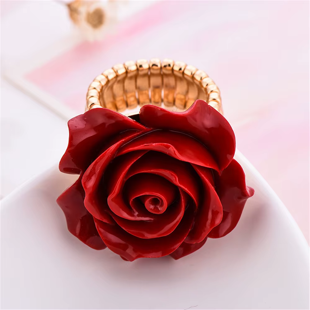 Bague réglable en résine pour femme, couleur rouge, fleur rose, documents dorés, fête de mariage, no