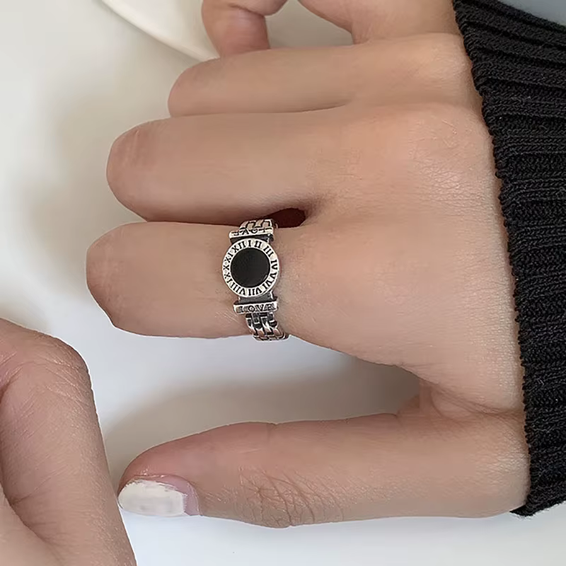 Bagues de fiançailles en argent regardé 925 pour femmes, cercle noir créatif, accessoires de fête, c