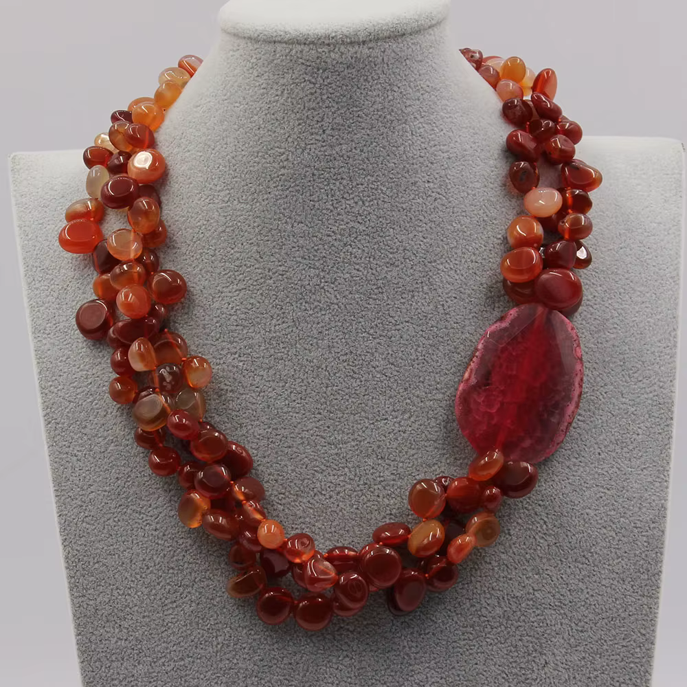 GuaiGuai-Collier à 3 brins d'agate cornaline rouge naturelle pour femme, perles de pépite, agates ro