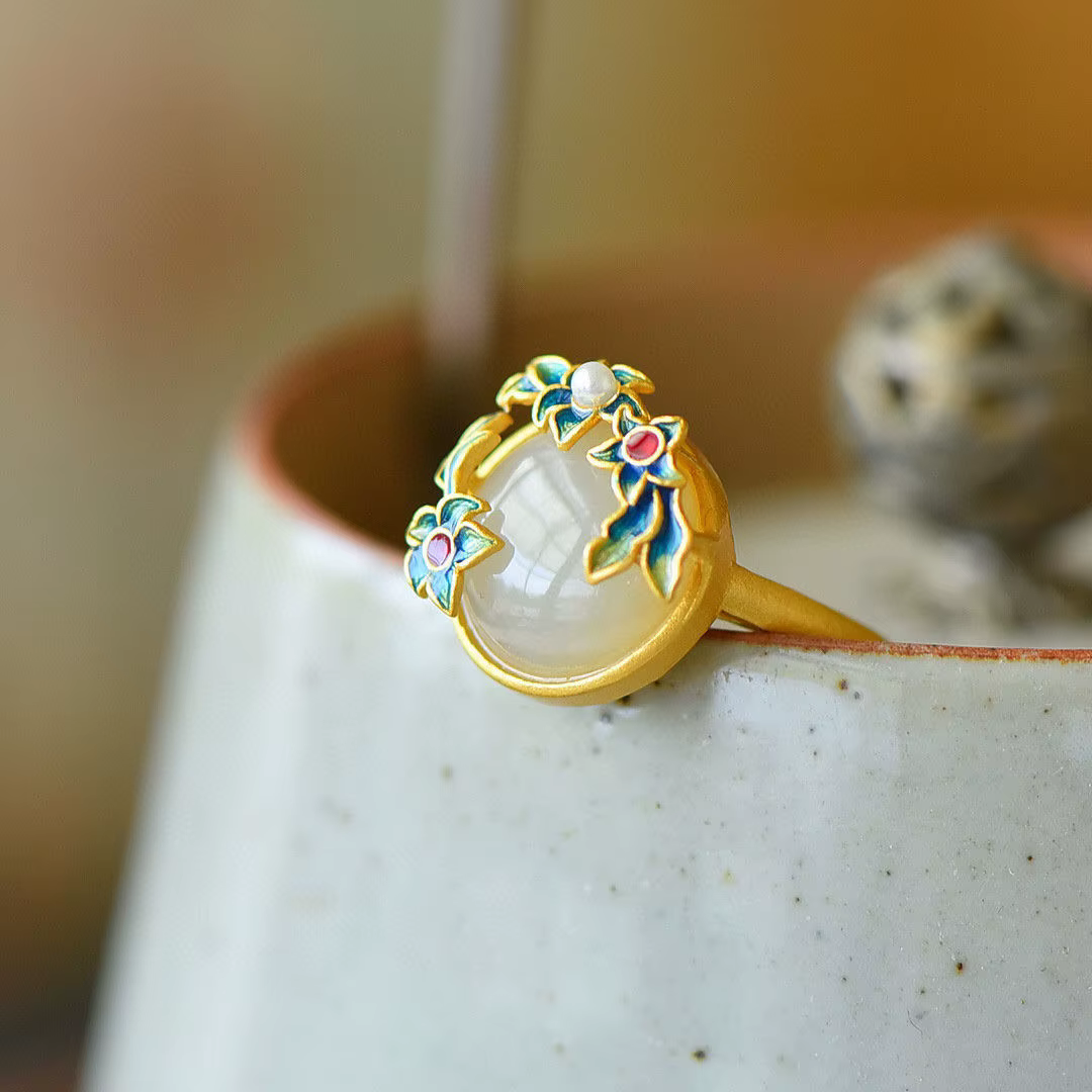 Bague en argent pour femmes, artisanat Unique, émail incrusté de fleur de magnolia en porcelaine, ja