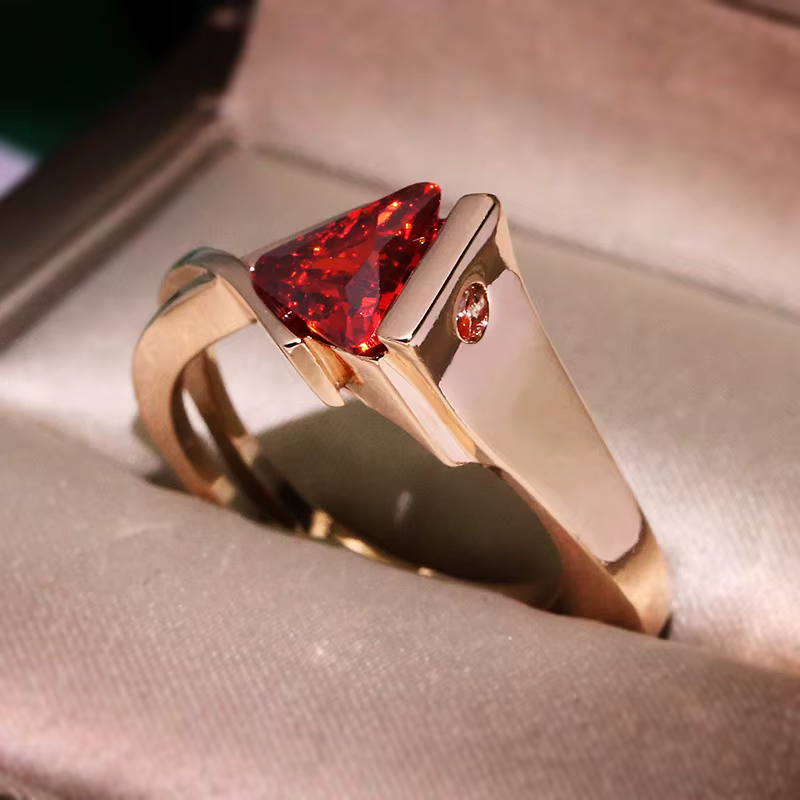Bague en pierre de champagne rouge cristal pour femme, bague en or rose, matiques géométriques vinta
