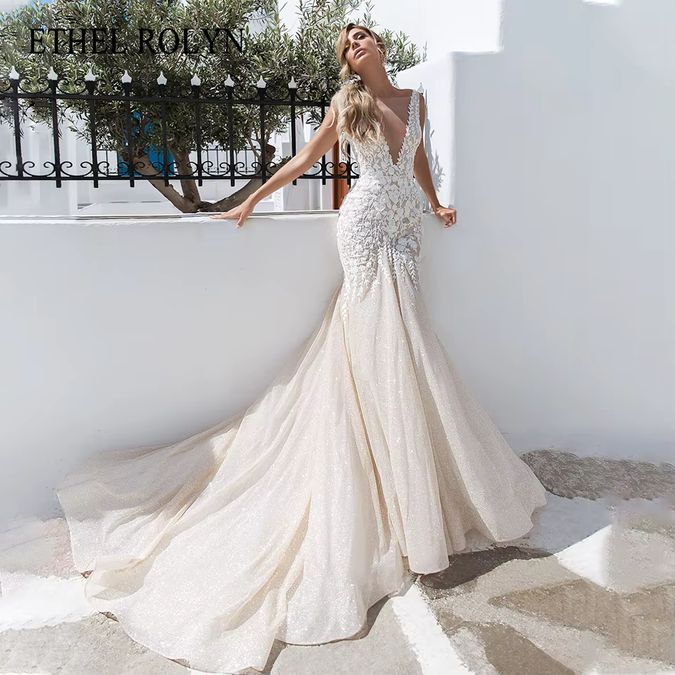 ETHEL ROLYN robe de mariée sirène charmante dos nu perlée dentelle Appliques mariée col en v sans ma