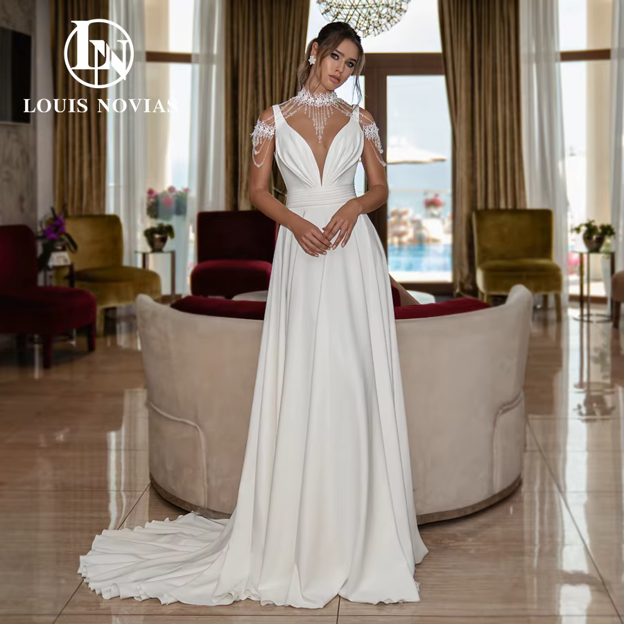 Modiis-Robe de mariée A-Line dos nu avec décoration en dentelle de cristal, robe de patients, satin,