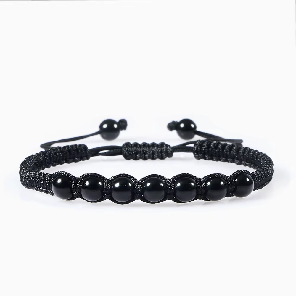 Bracelet noir en pierre naturelle Onyx pour hommes, perles de lave tressées, chaîne en corde réglabl