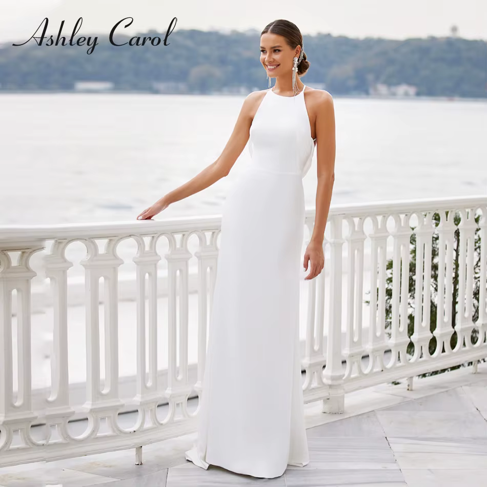 Ashley Carol-Robe de Mariée en Satin, Fourreau, Dos aux, Traîne Croisée, Col Licou, pour Patients