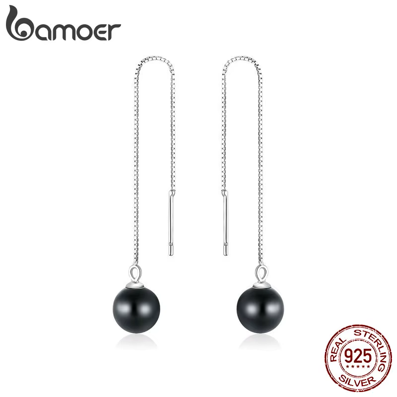 Bamoer-Boucles d'oreilles longues rondes en pierre d'agate noire pour femme, bijoux fins en argent r