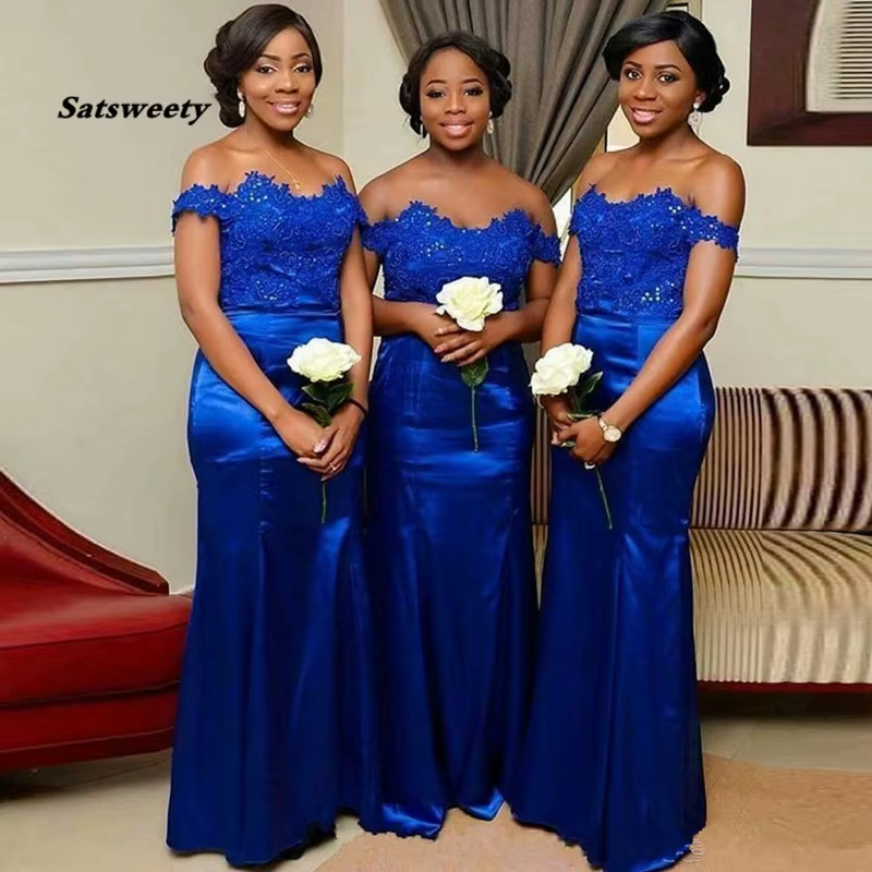 Robe de Demoiselle d'Honneur en Satin Bleu Royal, Longue, de Soirée d'Invitées de Mariage, Grande Ta