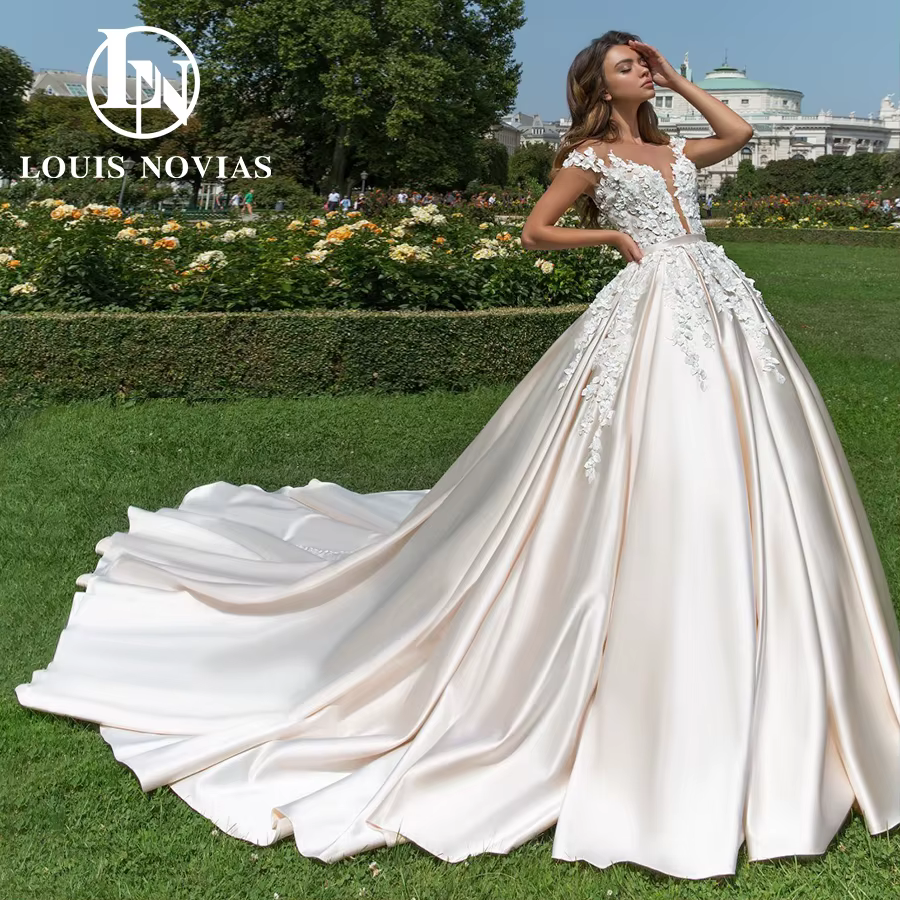 Modiis-Robes de mariée en satin pour femmes, robes de patients exquis, mancherons de fleurs perlées,