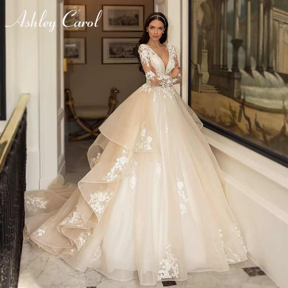 Ashley Carol-Robes de mariée de luxe pour femmes, princesse glamour, décolleté en V, appliques de la