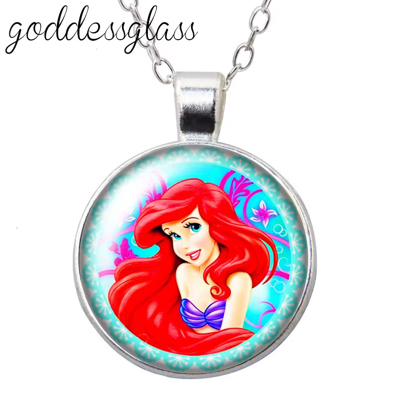 La petite sirène princesse ariel, cabochon rond en verre plaqué argent/cristal, pendentif, collier, 