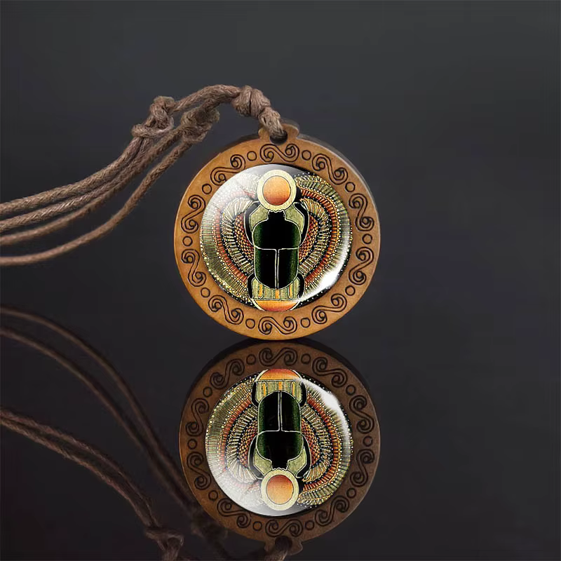 Collier avec Pendentif Ankh en Verre et Bois, Chaîne de Corde, Croix d'Egypte, Anubis, planchers ab,