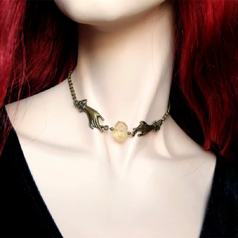 Sorcière chaîne tour de cou mains collier bijoux magique Bronze mains jaune Druzy Citrine pierre mod