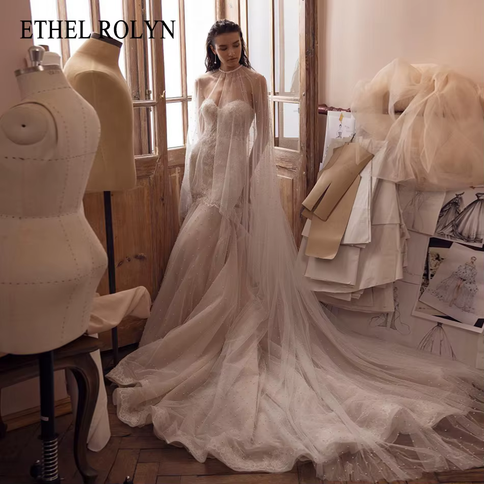 ETHEL ROCirCN-Robes de mariée sirène sans bretelles pour femmes, robes de patients élégantes, train 