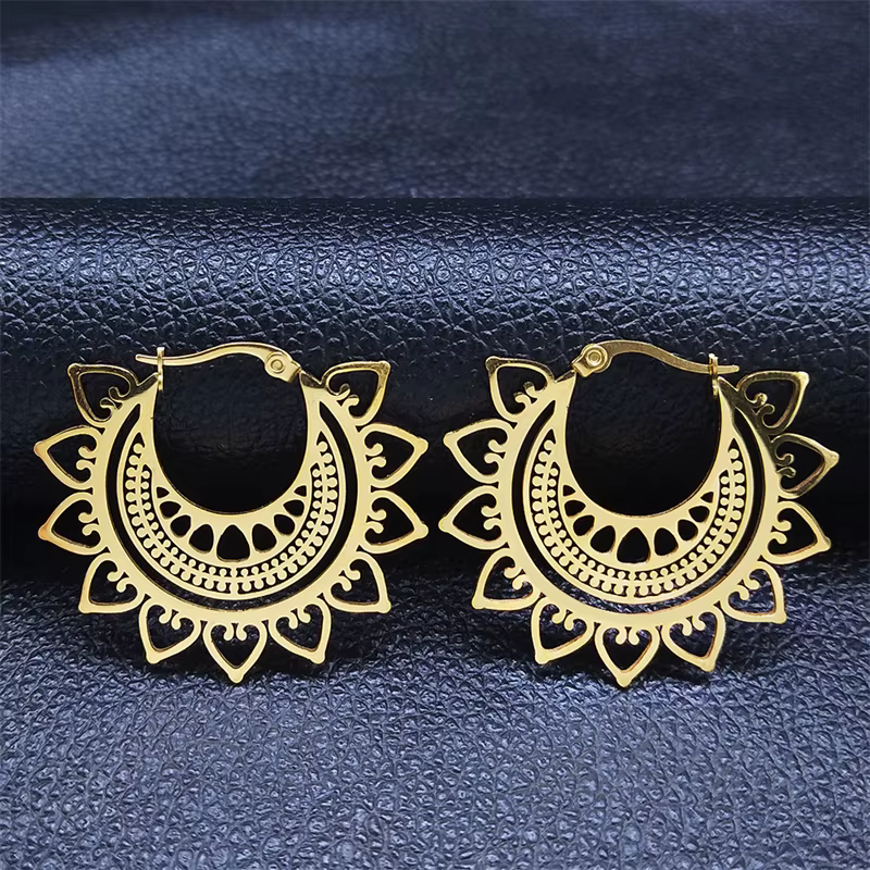 Inde gitane Tribal ethnique Mandala boucles d'oreilles en acier inoxydable femmes couleur or fleur d