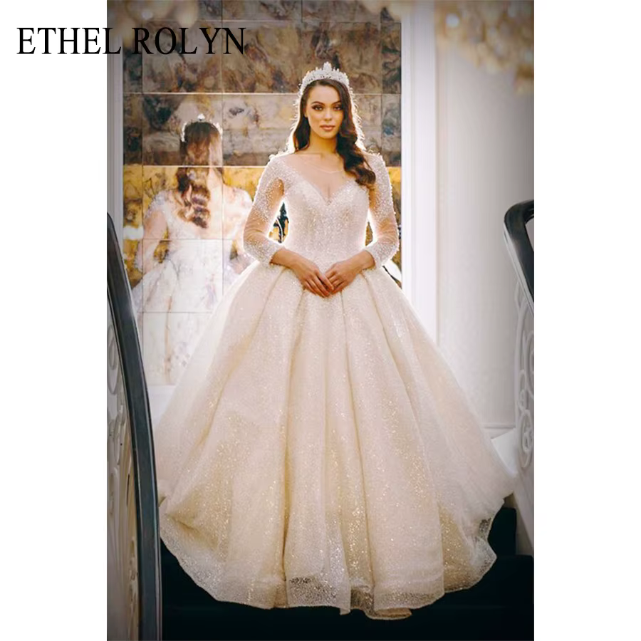 ETHEL ROLYN robe de mariée trapèze perles délicates col en v à manches longues mariée dos nu à lacet