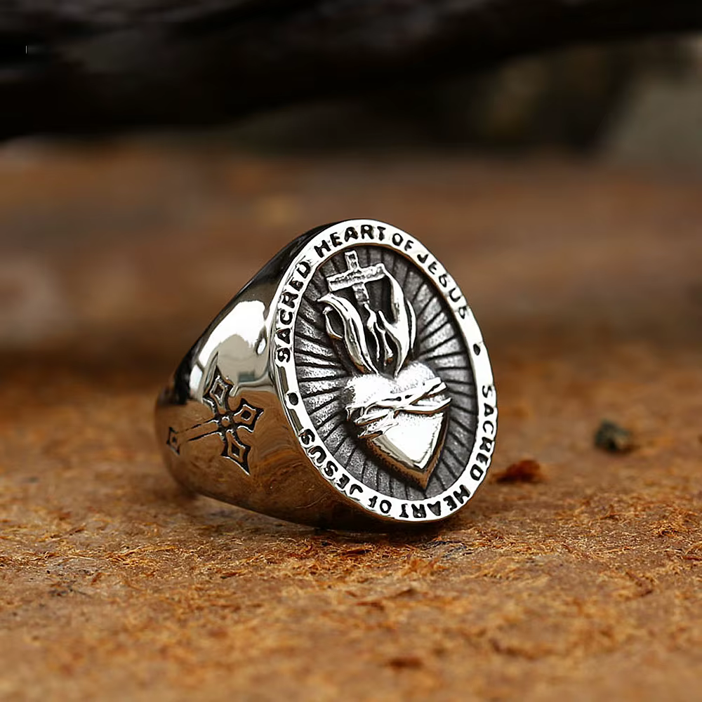 Bague Vintage catholique en acier inoxydable, sacré cœur de jésus, lettre créative Unique, anneau cr