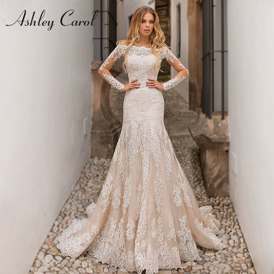 Robe de Mariée Sirène avec Traîne Amovible, Col Bateau, Manches sulf, Appliques, à Lacets, avec Vest