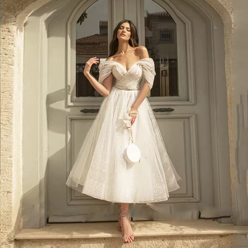 Robe de mariée Boho en Tulle à paillettes pour femmes, tenue de plage courte, bon marché, 2022
