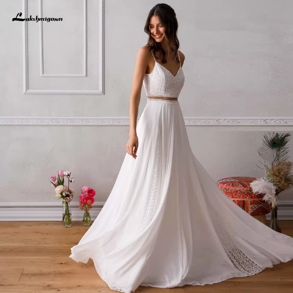 Robe de mariée deux pièces en dentelle personnalisée, robes de mariée de plage, réception de patient
