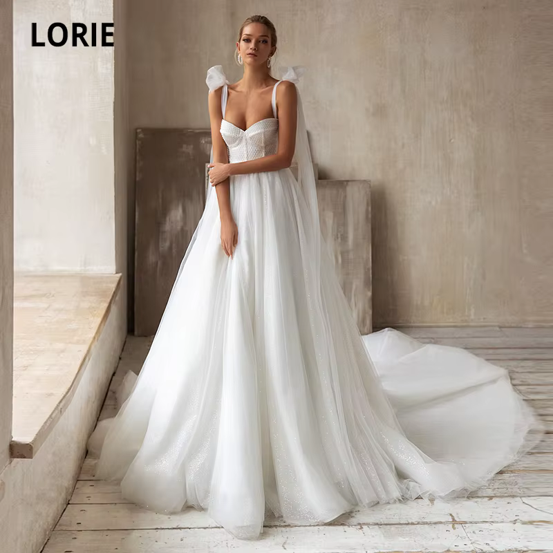 LORIE-Robes de mariée scintillantes, Boho Sweetheart, Bretelles spaghetti, Tulle A-Line, Blanc Ivoir