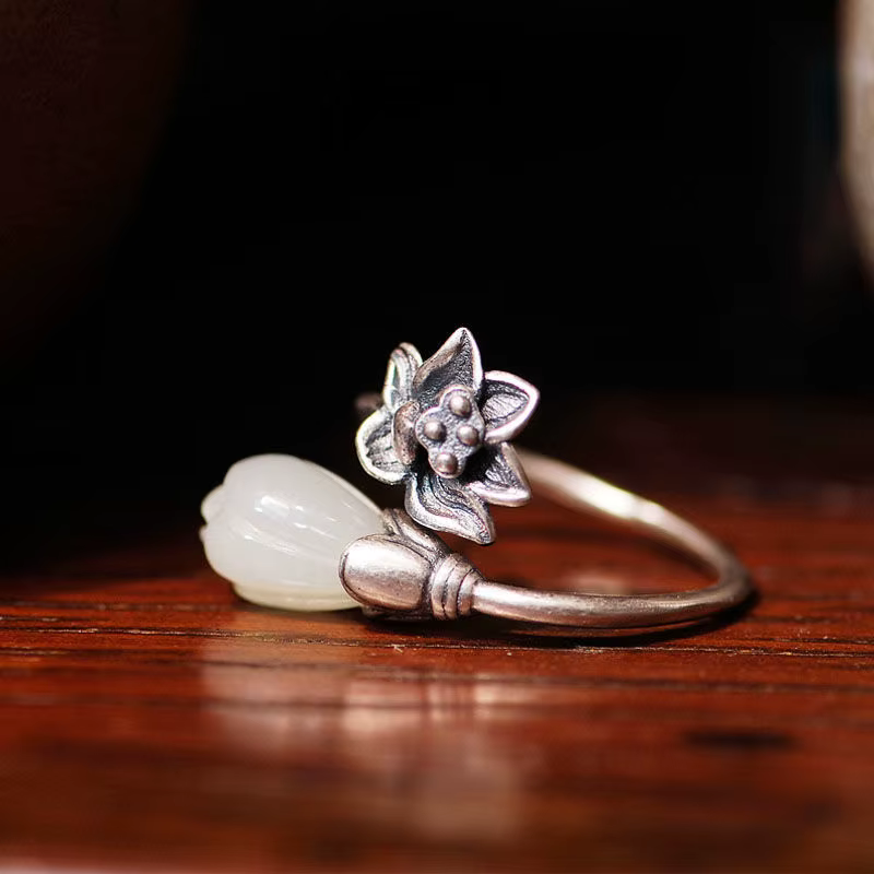 Bague ajustable en argent naturel Hetian Magnolia Flower TypoOpening, style chinois rétro bohème, br