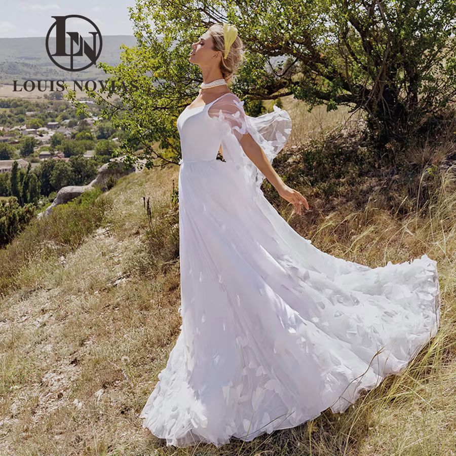 Modiis-Robes de mariée A-ligne pour femmes, col SCOOP sexy, manches évasées, robe de patients, appli