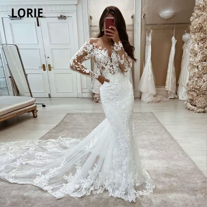 LORIE-Robe de Mariée en Dentelle Style Sirène Boho, Manches sulf, Vintage, Blanc, Ivoire, sur Mesure