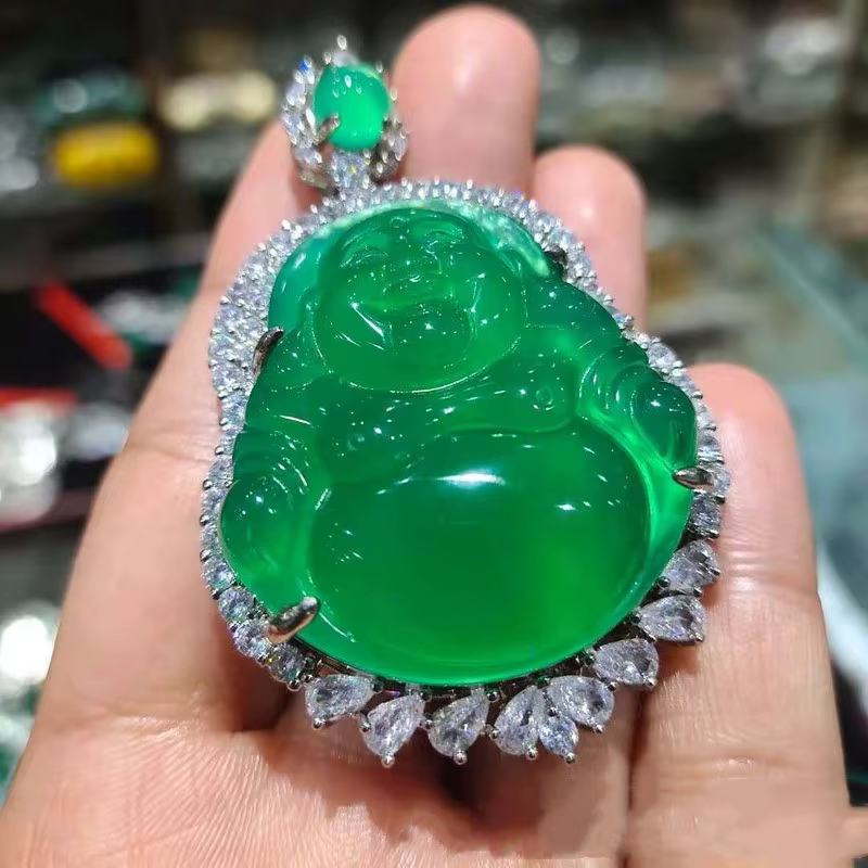 Pendentif bouddha en Agate, calcédoine verte incrustée, mode féminine, collier, bijoux