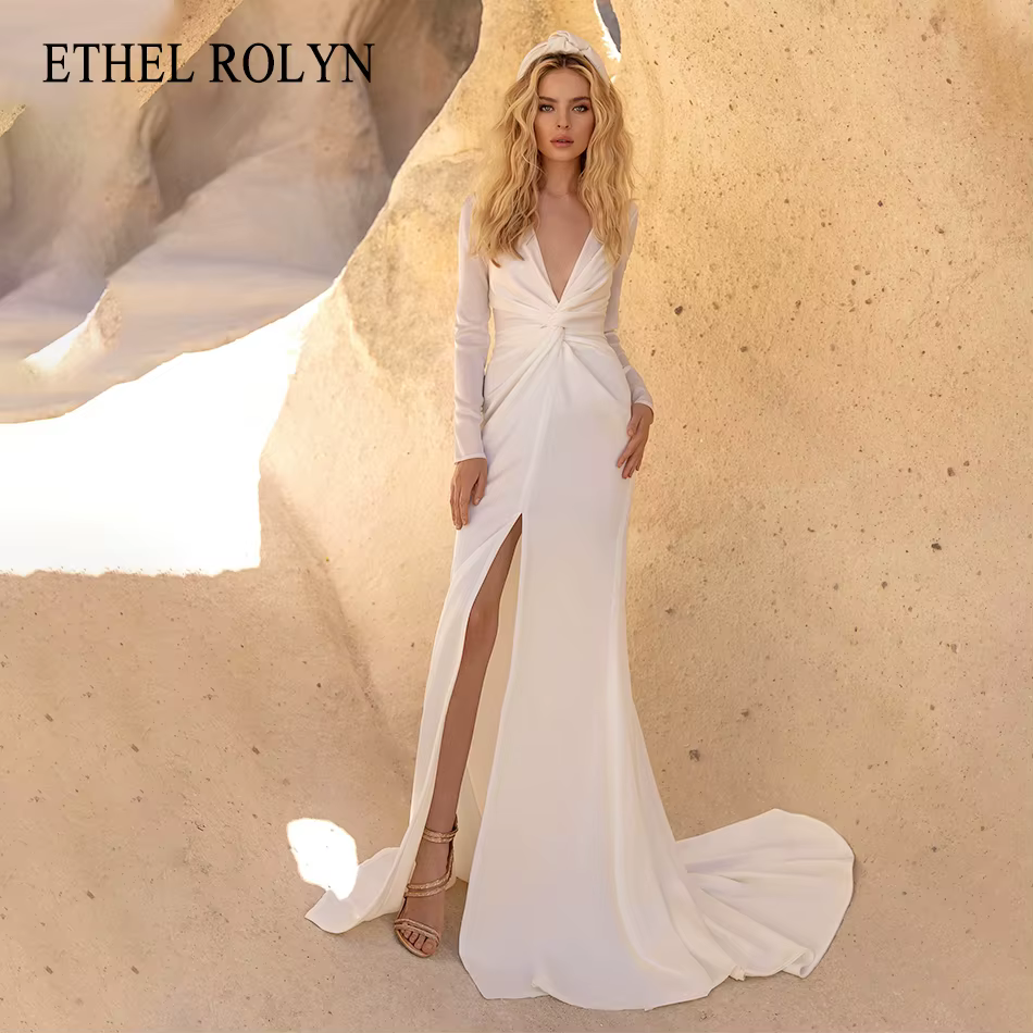 ETHEL ROLYN robe de mariée sirène charmante froncée col en v Satin à manches longues mariée Court Tr