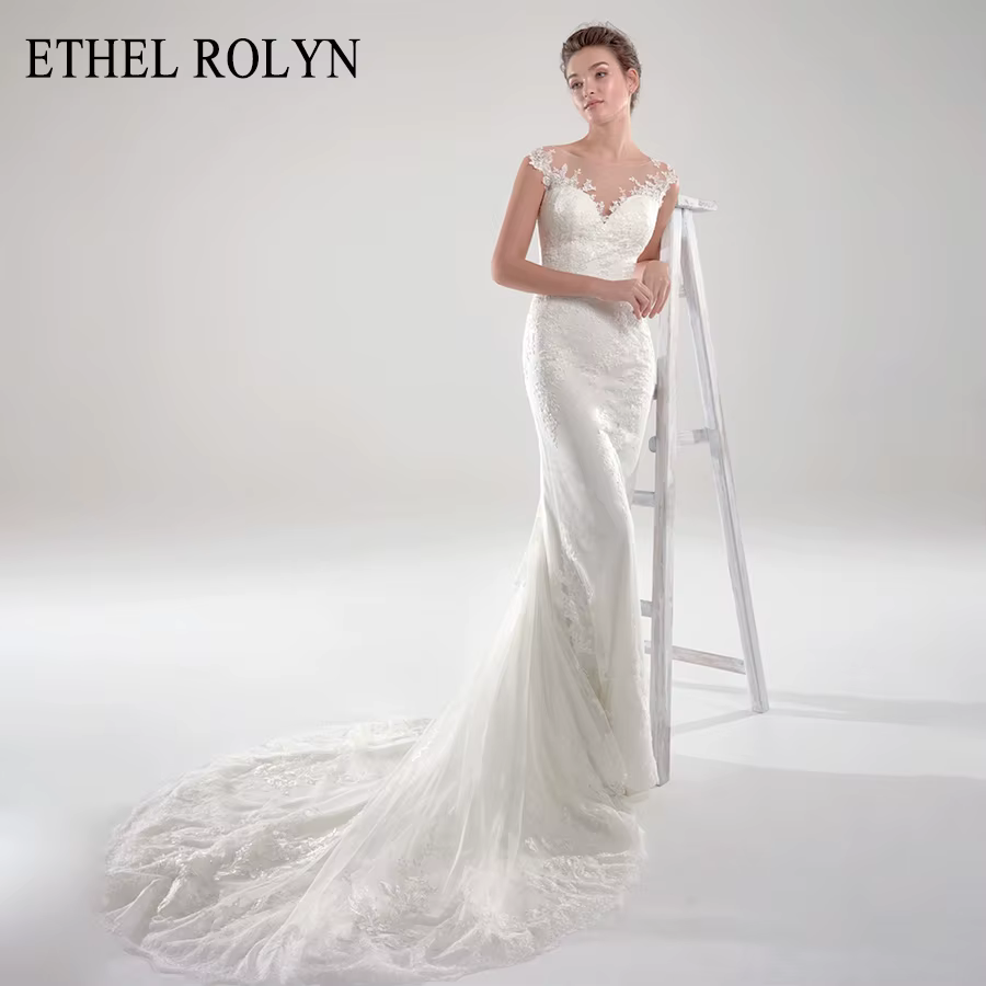ETHEL ROLYN robe De mariée sirène Illusion romantique dos nu dentelle Appliques Scoop sans manches r