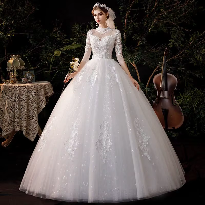 Robe de mariée luxueuse à col roulé, manches trois quarts, robe de Rhà lacets, grande taille, 2023