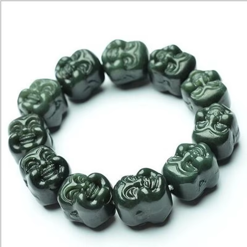 Bracelet en Jade hétian Qingyu naturel, perles tête de bouddha, bijoux fins, porte-bonheur, sécurité