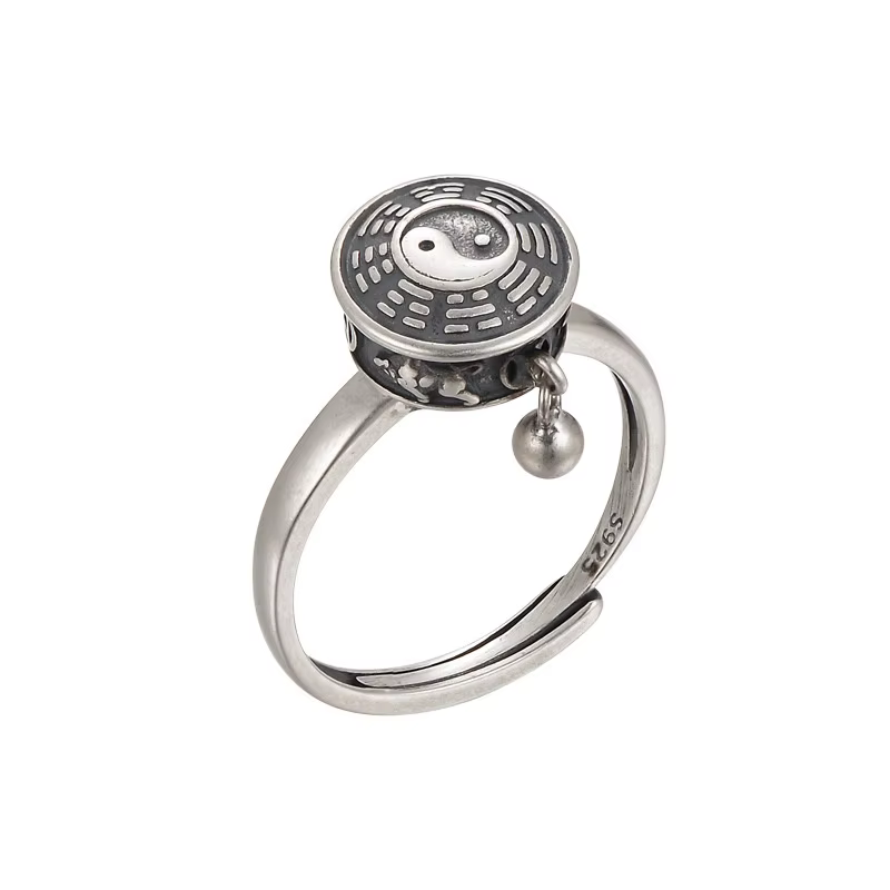 Anneau de roue de prière bouddhiste tibétain pour hommes et femmes, couleur argent, émail Yin Yang F