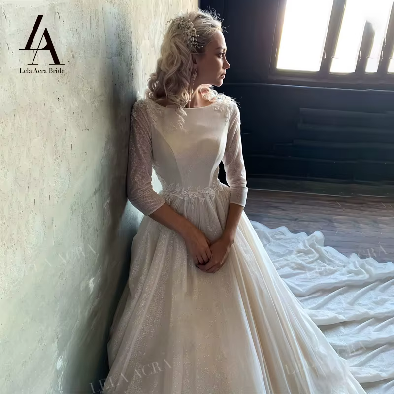 LelaAcra robe de mariée brillante 2026 à manches longues dos ouvert perlé a-ligne princesse robe de