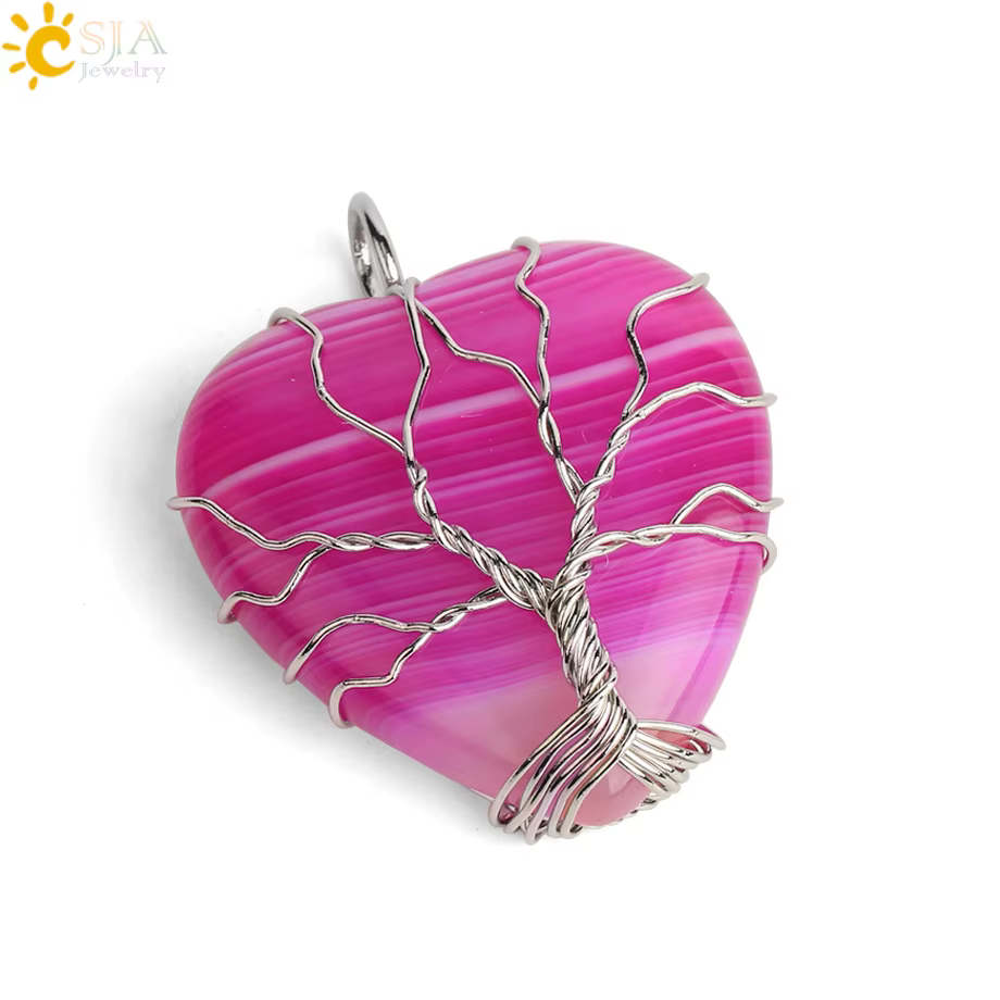 CSJA arbre de vie fil enveloppé amour coeur collier et pendentif Suspension pierre gemme naturelle p