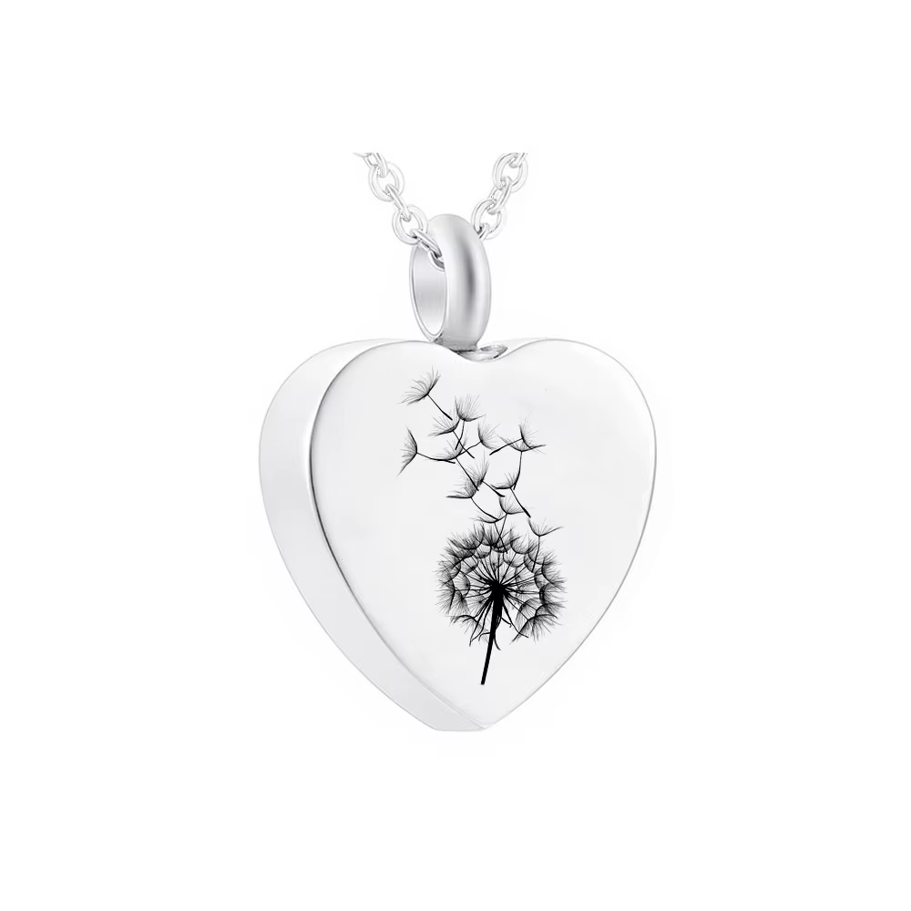 Collier pendentif en forme de cœur en acier inoxydable, bijoux de crémation, forme d'urne, pissenlit