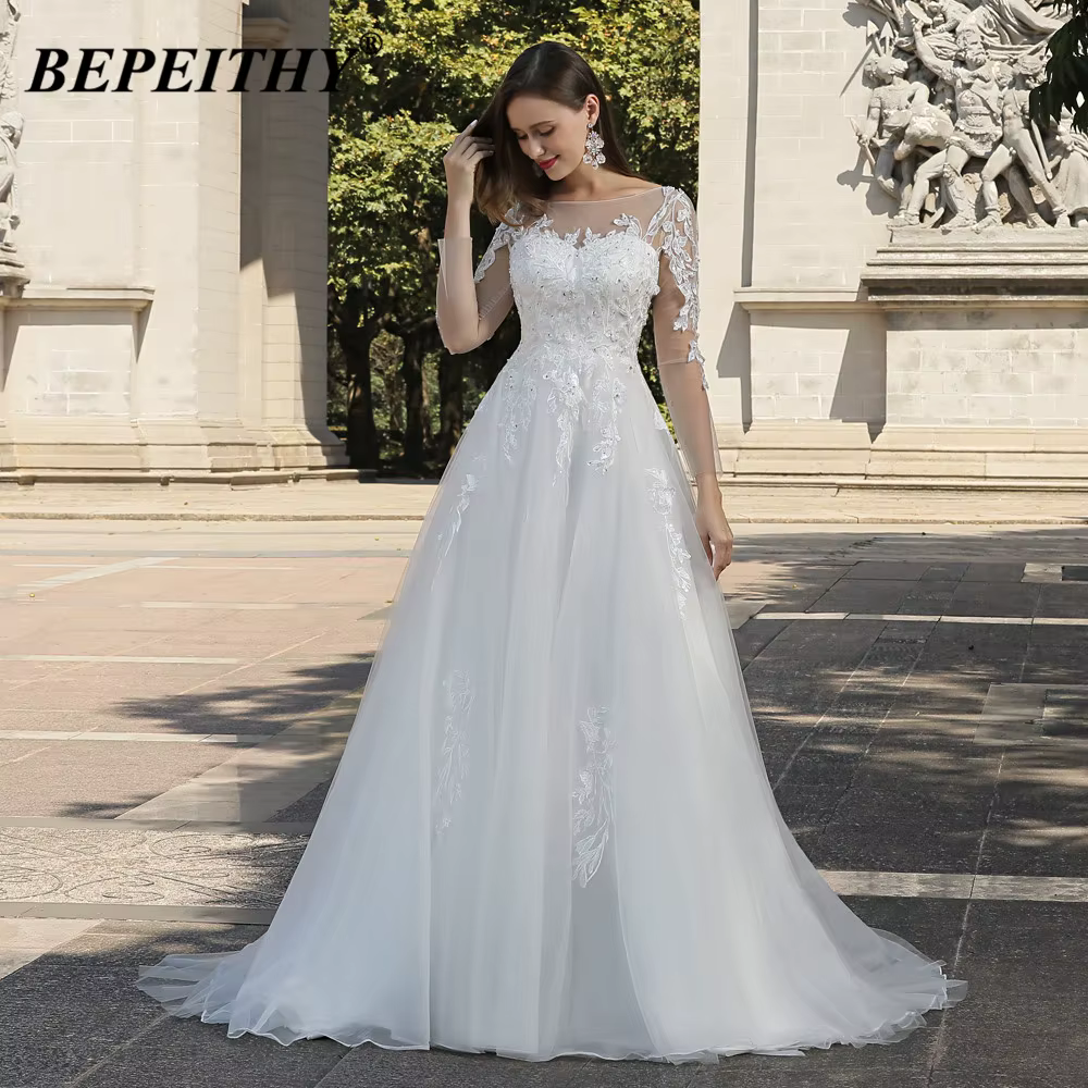 BEPEITHY-Robes de mariée A-ligne personnalisées pour la mariée, robe de soirée blanche, manches long