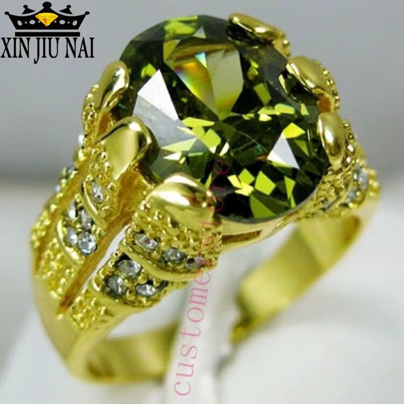Nouvelle mode mâle péridot ovale bague de luxe grand cristal Zircon pierre anneau 14KT or jaune prom