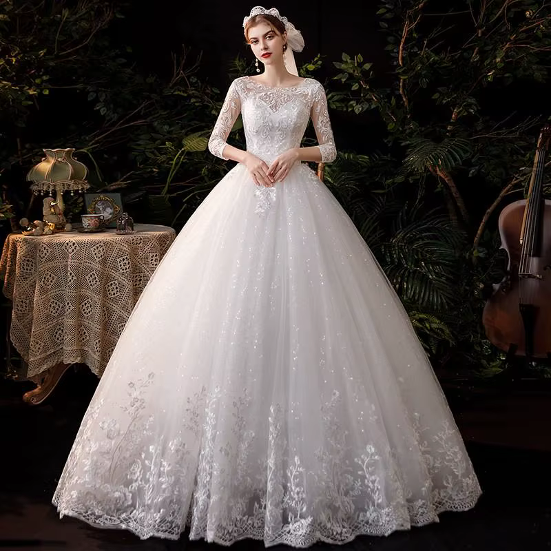 Robe de mariée à col bateau avec train, manches trois quarts, à lacets, robe de Rhpour patients, nou